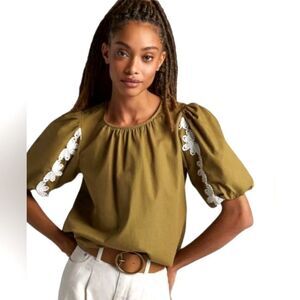 Anthropologie olive blouse w/cotton lace & full puffed romantic sleeves